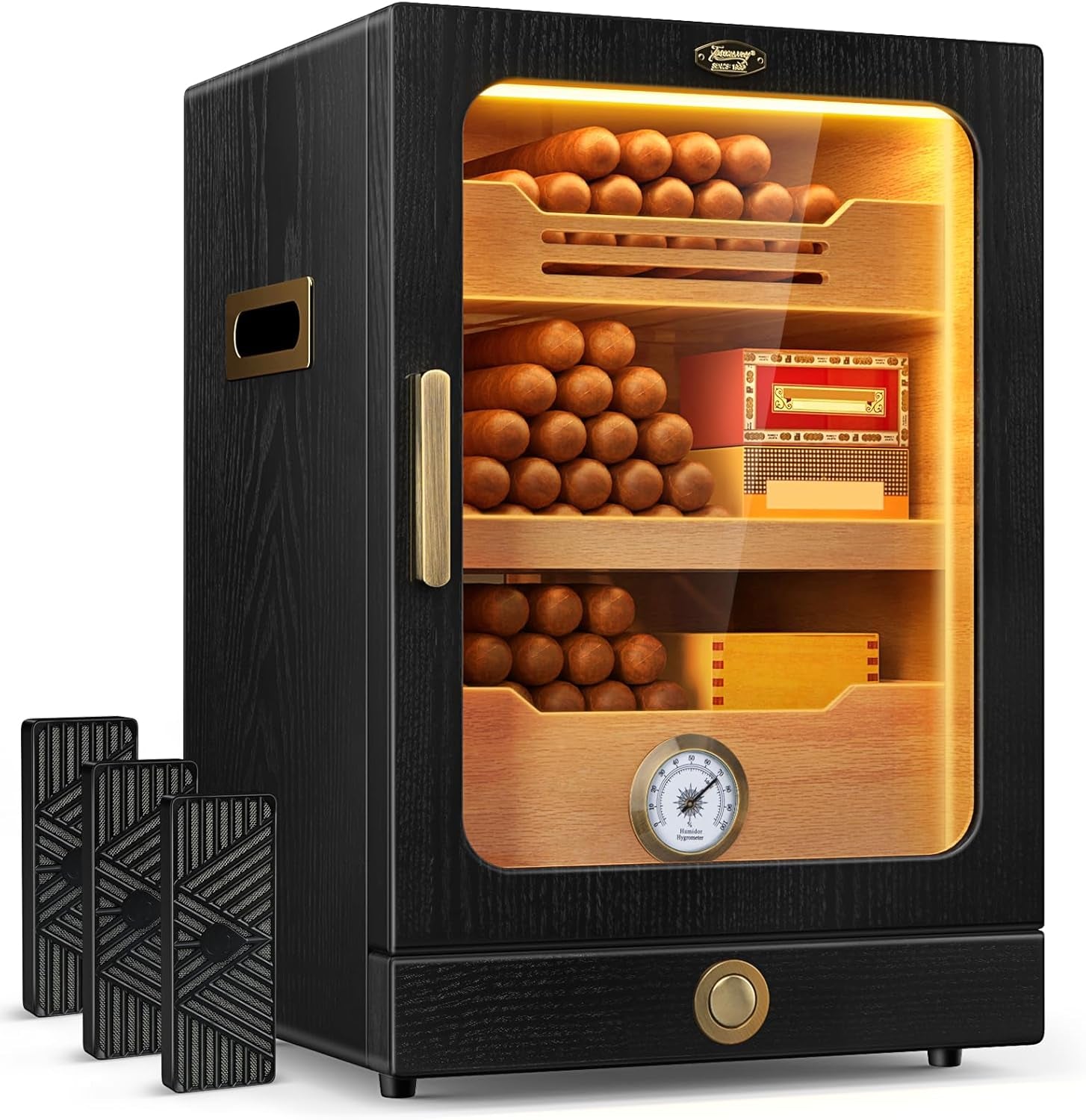 Cigar Humidor, Desktop Cigar Humidor Cabinet Light Control System with Spanish Cedar Wood Shelves, Hygrometer, 3 Humidifiers and Cigar Accessories Drawer, Father'S Day Gift for Men (Brown)