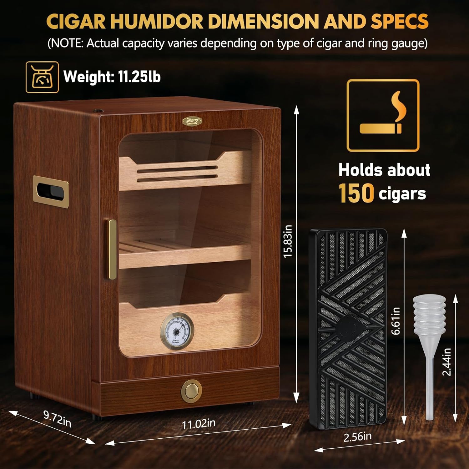 Cigar Humidor, Desktop Cigar Humidor Cabinet Light Control System with Spanish Cedar Wood Shelves, Hygrometer, 3 Humidifiers and Cigar Accessories Drawer, Father'S Day Gift for Men (Brown)