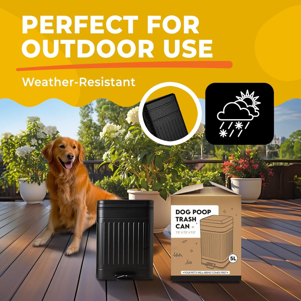 Small Dog Poop Trash Can Outside, 1.3 Gal Stainless Steel Dog Waste Trash Can, Waterproof Small Poop Bucket Outdoor with Lid, Poop Pail for Dogs, Dog Poop Bin Outdoor with Odor Control (Black)