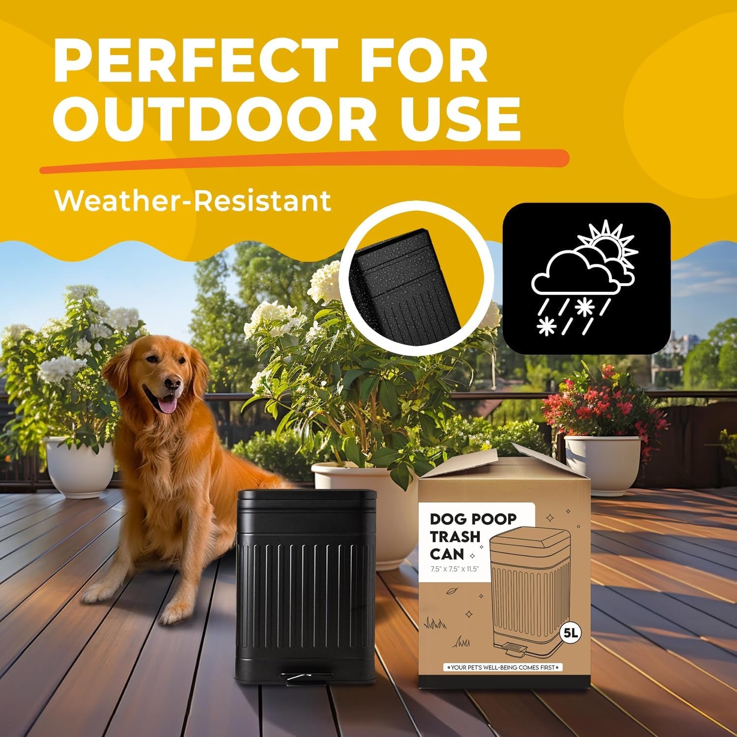 Small Dog Poop Trash Can Outside, 1.3 Gal Stainless Steel Dog Waste Trash Can, Waterproof Small Poop Bucket Outdoor with Lid, Poop Pail for Dogs, Dog Poop Bin Outdoor with Odor Control (Black)