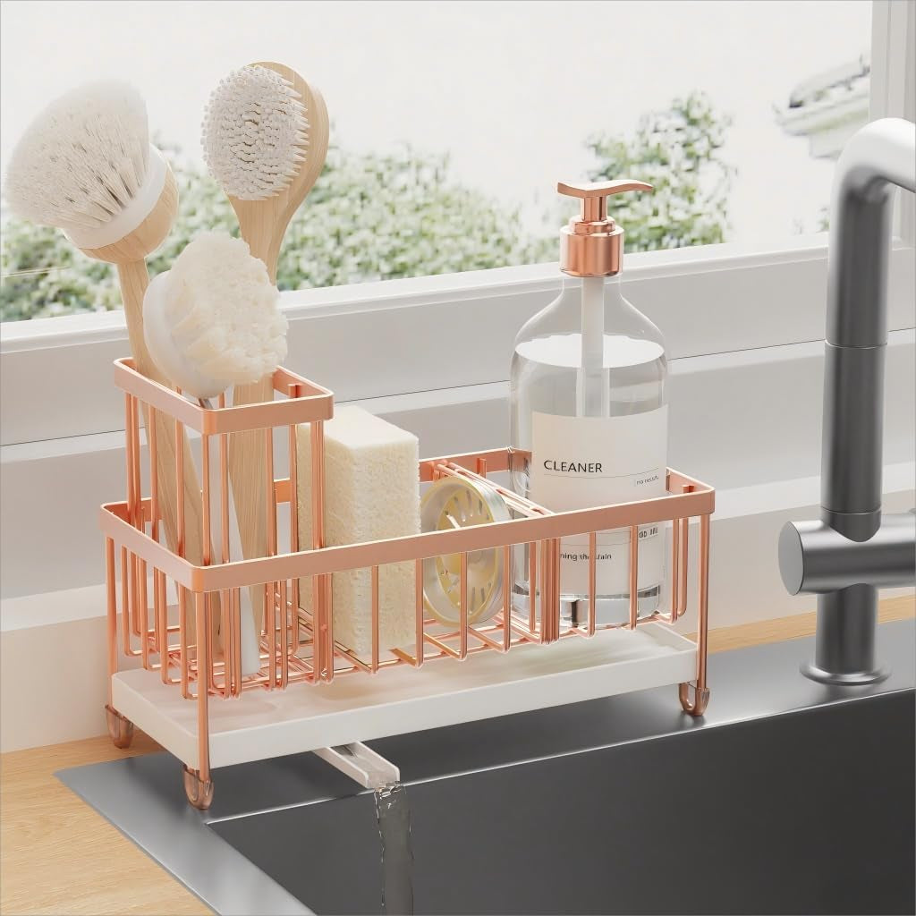 Black Sponge Holder for Kitchen Sink, Sink Caddy Organizer with High Brush Holder, Kitchen Countertop Organizers and Storage Essentials, Rustproof 304 Stainless Steel, Soap Dispenser Organize