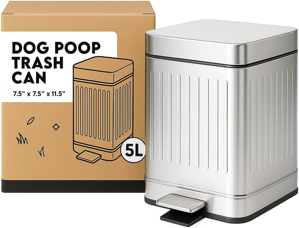 Small Dog Poop Trash Can Outside, 1.3 Gal Stainless Steel Dog Waste Trash Can, Waterproof Small Poop Bucket Outdoor with Lid, Poop Pail for Dogs, Dog Poop Bin Outdoor with Odor Control (Black)