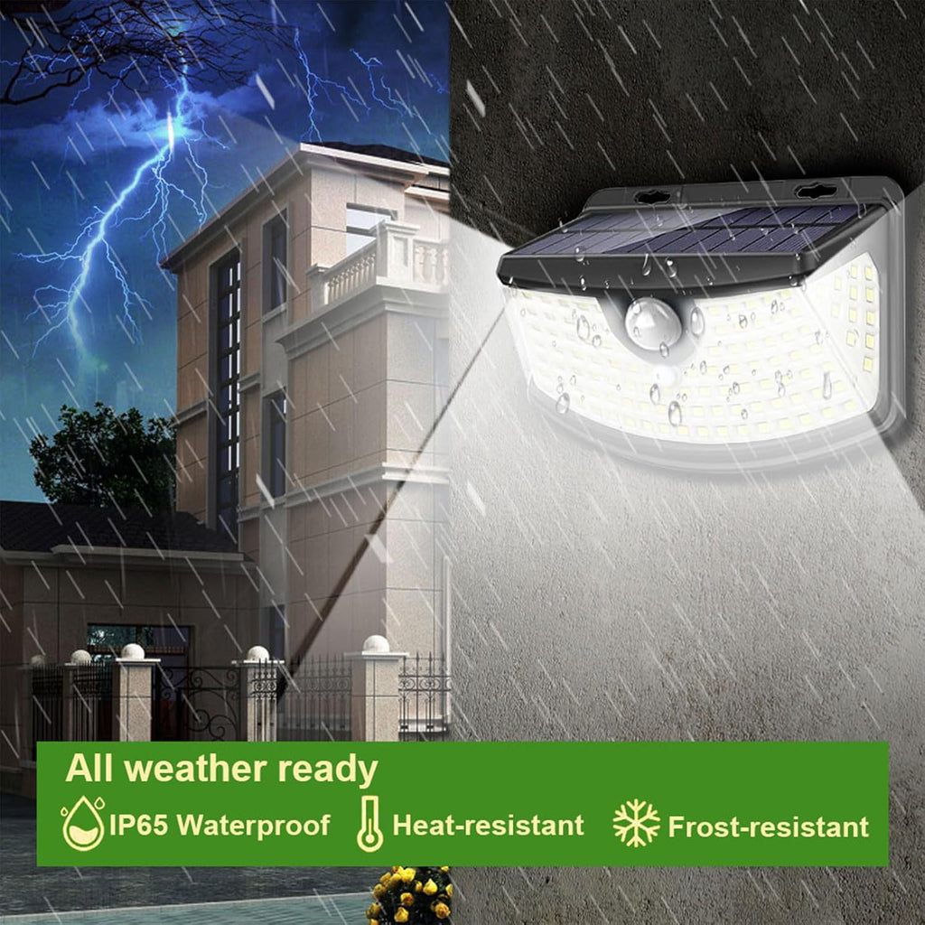 New Solar Motion Sensor Lights 120 Leds with Lights Reflector,270° Wide Angle, IP65 Waterproof, Step Lights for Front Door, Yard, Garage, Deck (Front Button 2-Pack)