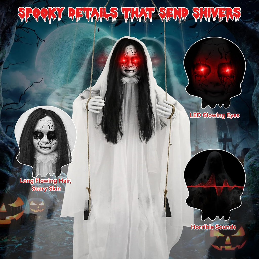 Scary Halloween Decorations Outdoor, Hanging Swinging Girl with Sound & Slap Activated, Light up Eyes, Creepy Expression, 6.2FT Halloween Decor for Indoor Outdoor Haunted House