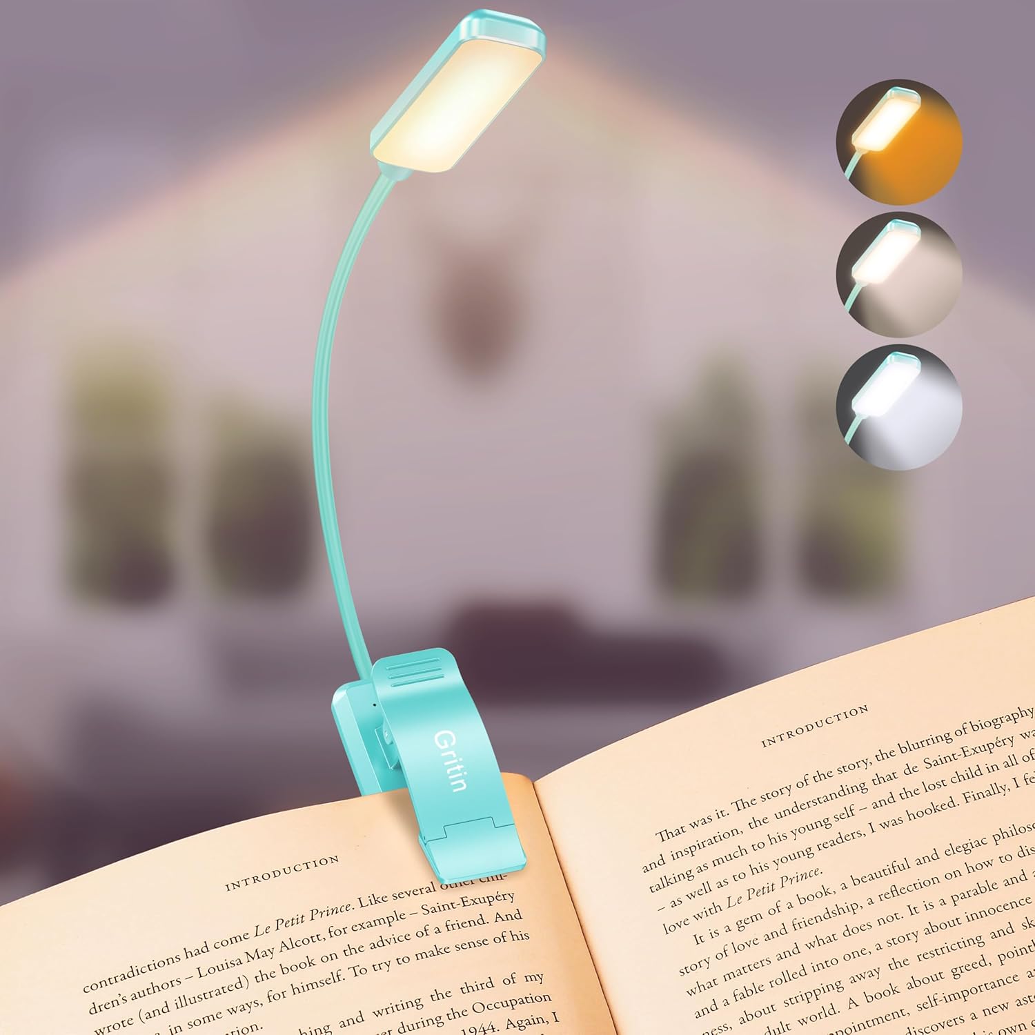 9 LED Rechargeable Book Light for Reading in Bed - Eye Caring 3 Color Temperatures,Stepless Dimming Brightness,80 Hrs Runtime Small Lightweight Clip on Book Reading Light for Studying