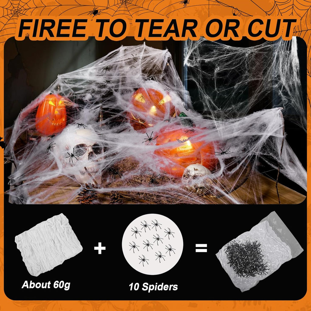 200 Sqft Spider Web, Bonus with 10 Artificial Spiders, Fabric Spider Webbing, Cobweb Halloween Decor for Indoor and Outdoor Party Supplies