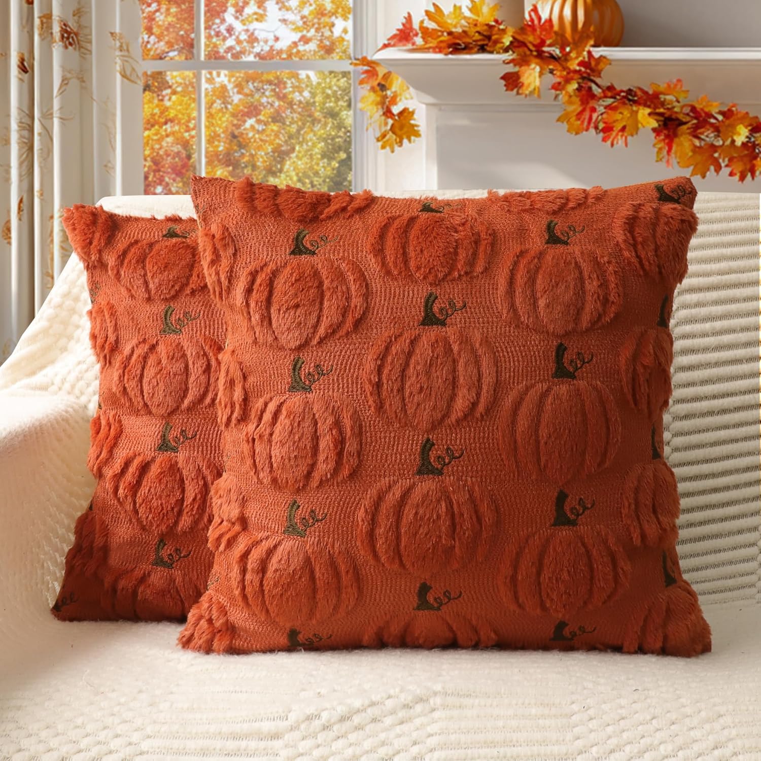 Fall Pumpkins Decorative Pillow Covers 18X18 Set of 2, Beige Soft Plush Faux Fur Wool Farmhouse Throw Cushion Cases for Autumn Thanksgiving Holiday Home Decorations