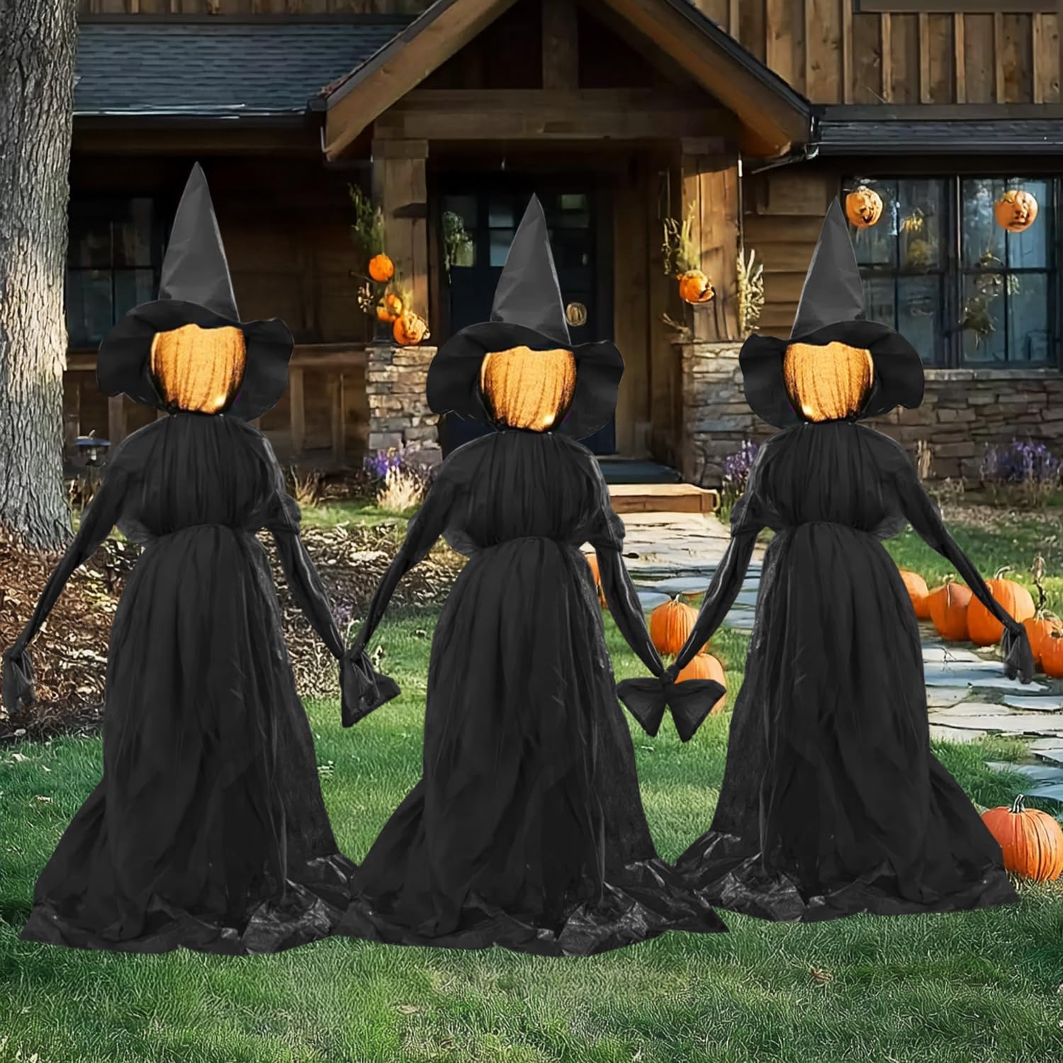 Halloween Witch Decorations Outdoor, 5 FT Set of 3 Holding Hands Witches Stakes with Glowing Face, Lighted Halloween Decor for Party Yard Lawn Porch Garden Haunted House Props