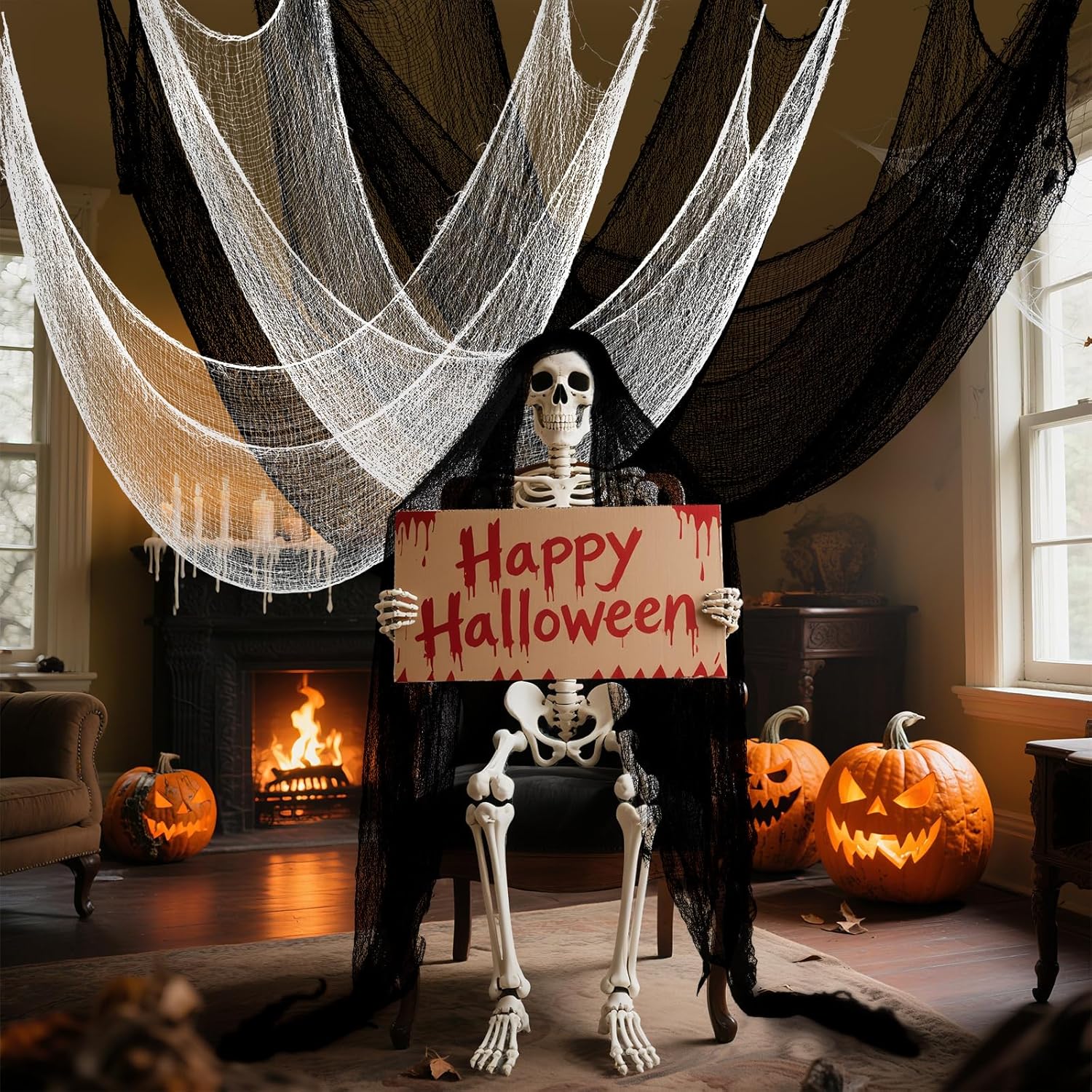 6Pcs Halloween Gauze Cloth, Creepy Cloth, 30×72 Inch Creepy Fabric Halloween for Haunted House Supplies, Party Outdoor, Indoor (4 Black+2 White)