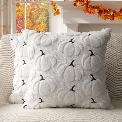 Fall Pumpkins Decorative Pillow Covers 18X18 Set of 2, Beige Soft Plush Faux Fur Wool Farmhouse Throw Cushion Cases for Autumn Thanksgiving Holiday Home Decorations