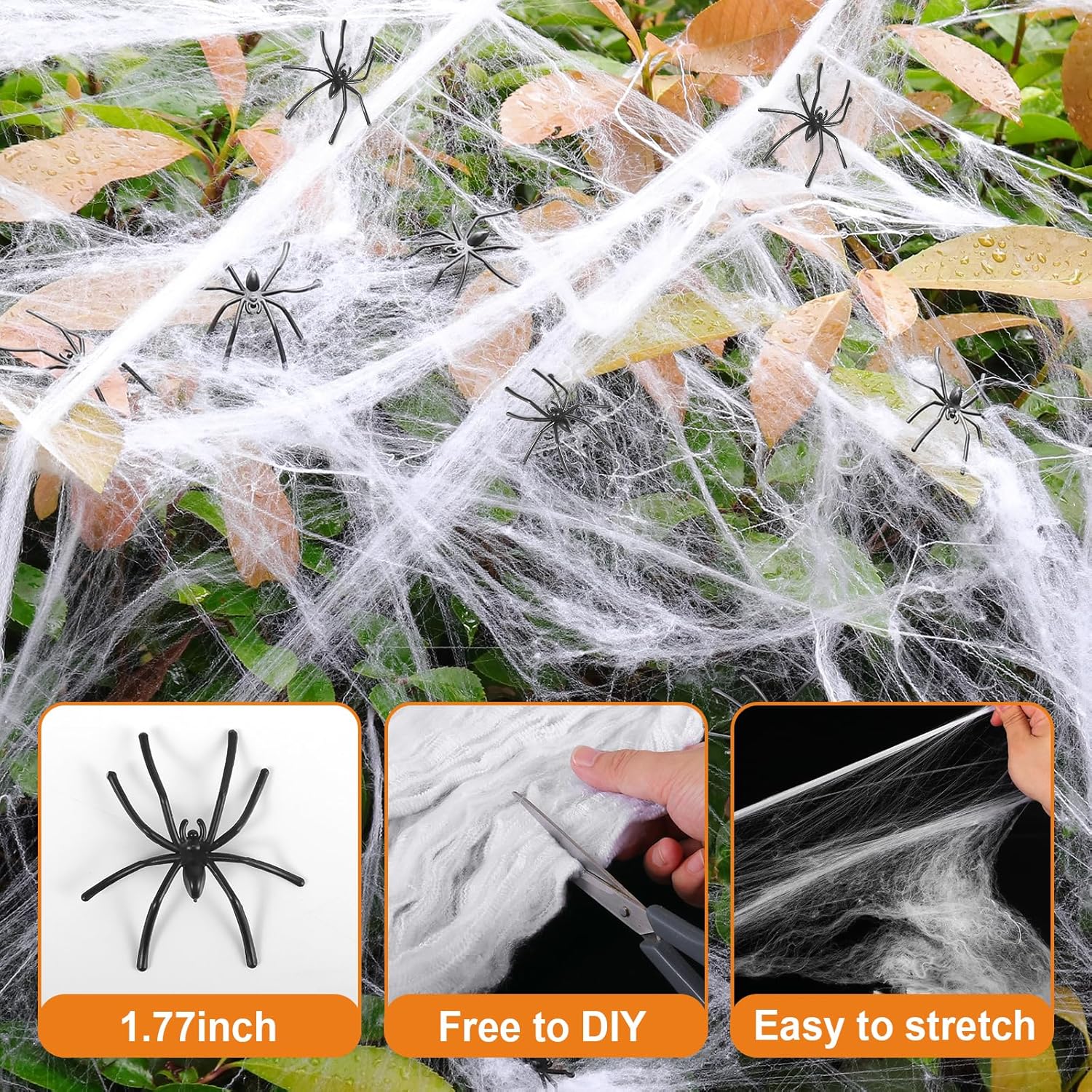 200 Sqft Spider Web, Bonus with 10 Artificial Spiders, Fabric Spider Webbing, Cobweb Halloween Decor for Indoor and Outdoor Party Supplies
