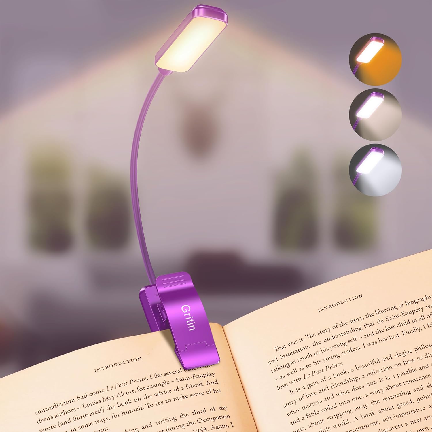 9 LED Rechargeable Book Light for Reading in Bed - Eye Caring 3 Color Temperatures,Stepless Dimming Brightness,80 Hrs Runtime Small Lightweight Clip on Book Reading Light for Studying