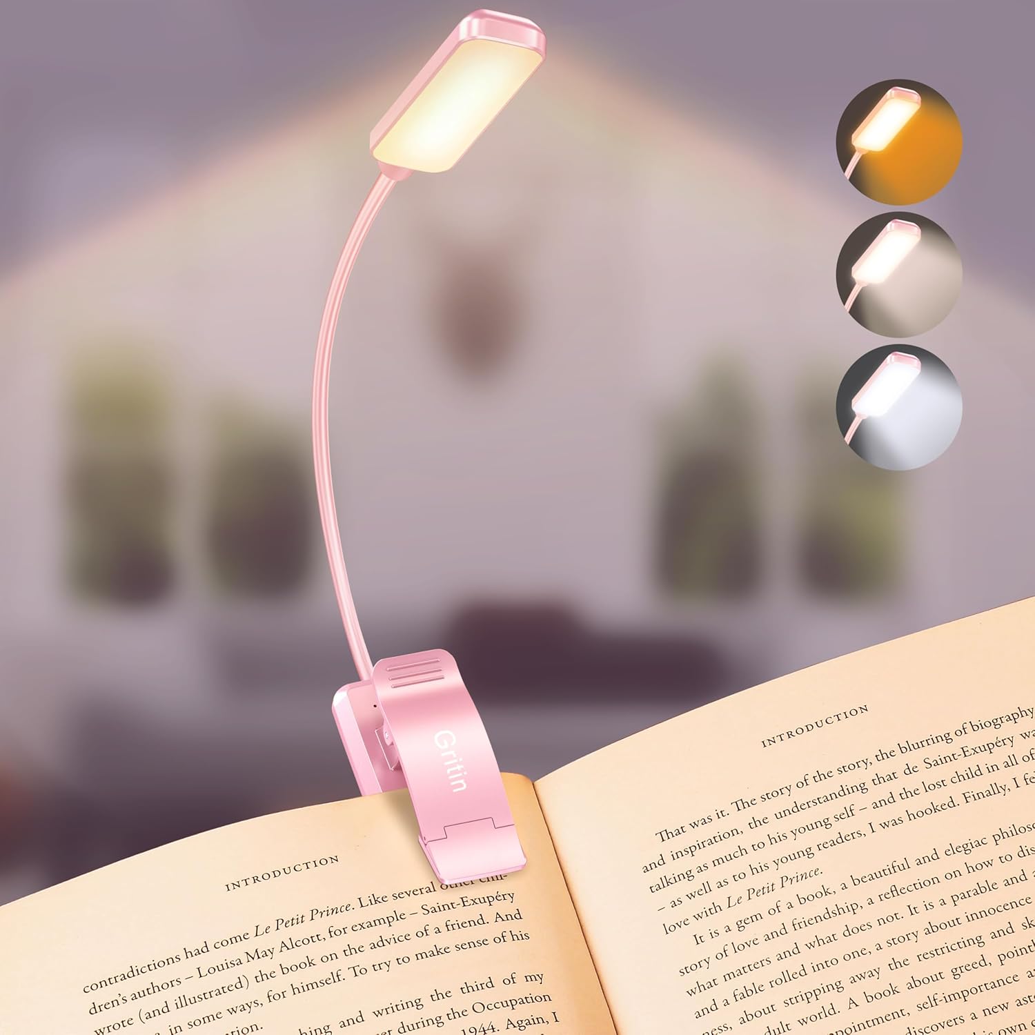 9 LED Rechargeable Book Light for Reading in Bed - Eye Caring 3 Color Temperatures,Stepless Dimming Brightness,80 Hrs Runtime Small Lightweight Clip on Book Reading Light for Studying