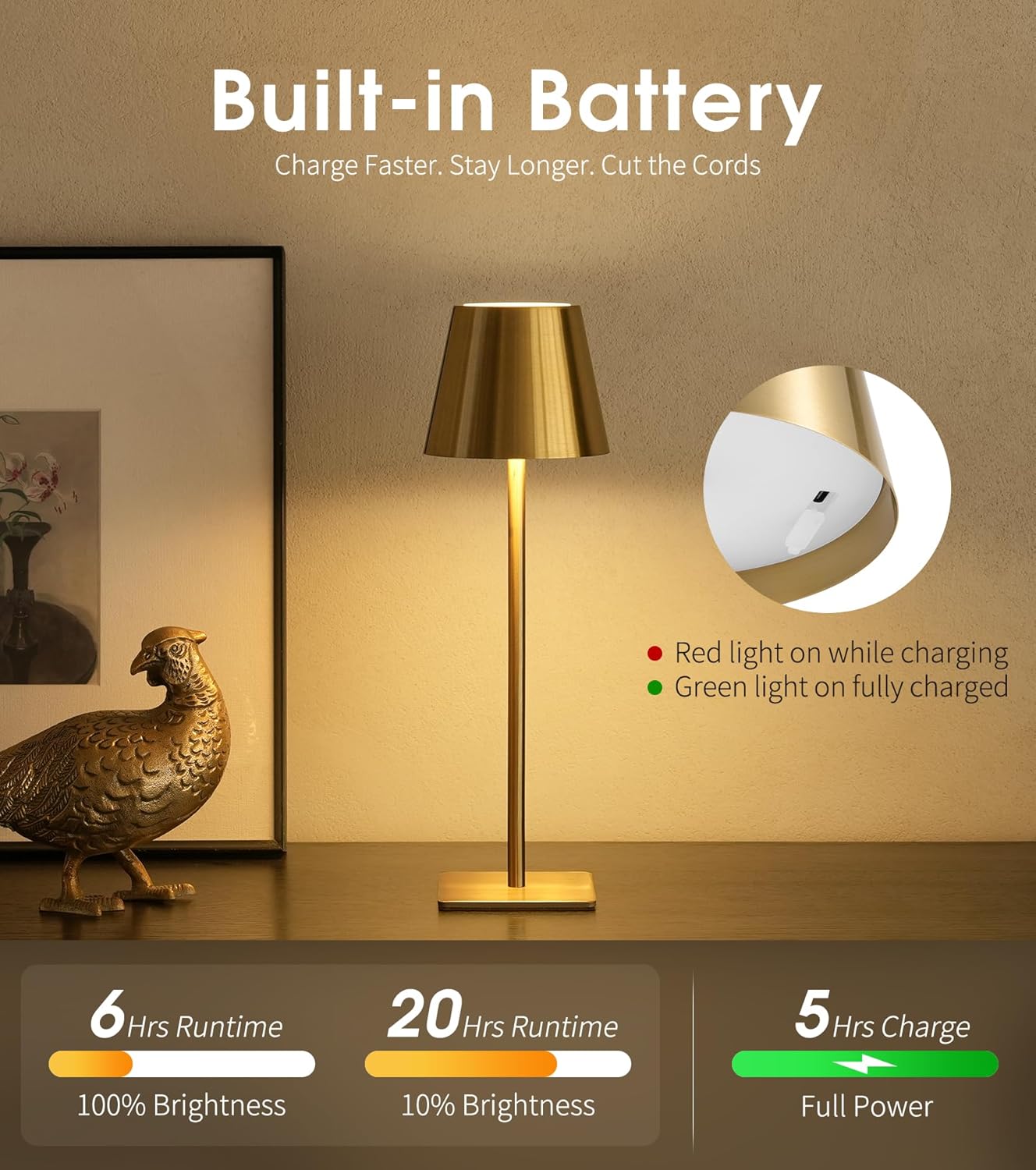 3 Pack Cordless Table Lamp, Battery Operated Lamp - Portable Waterproof Rechargeable Table Lamp W/ 3 Color Temps & Stepless Dimming for Dinner, Desk, Cafe, Outdoor (Brushed Gold)