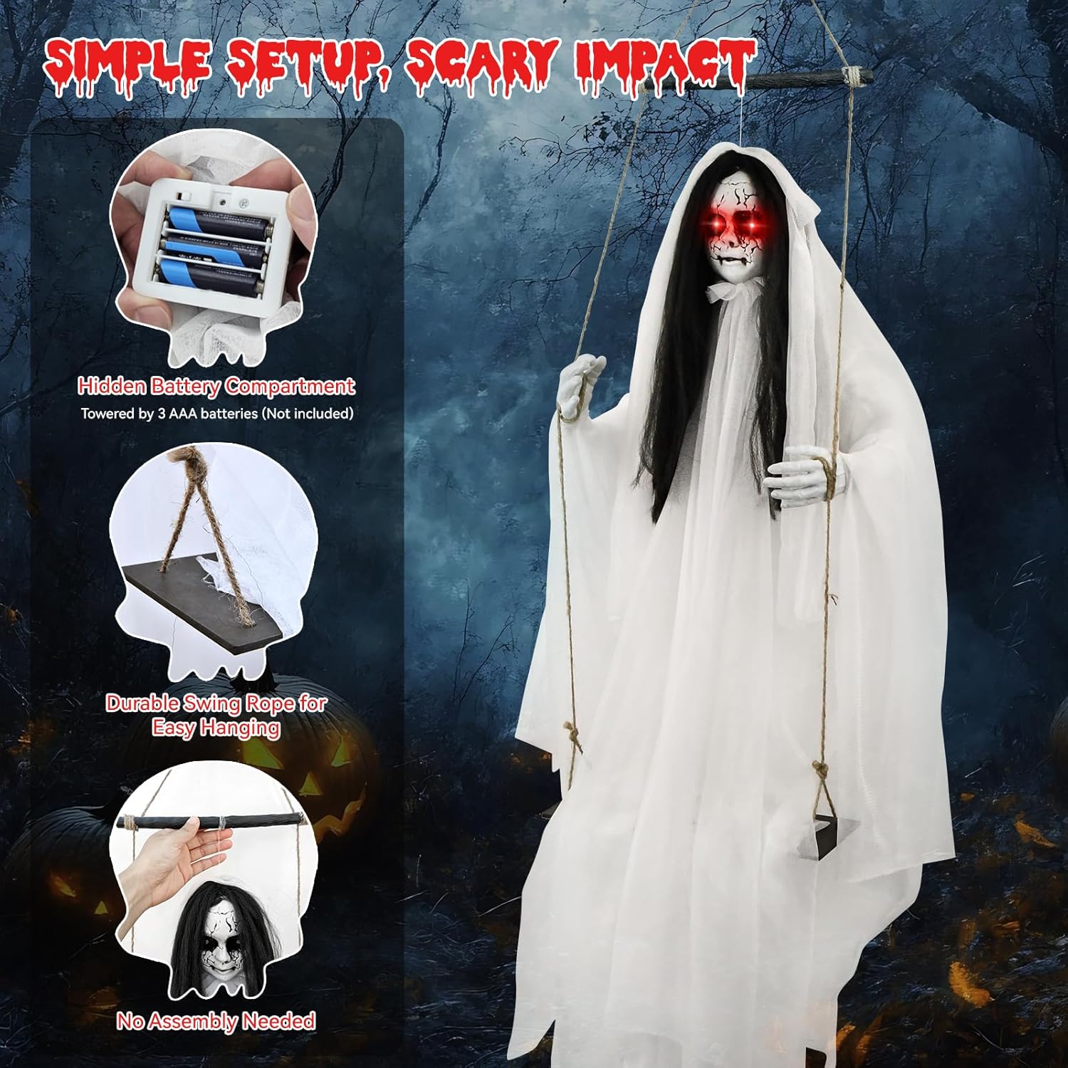 Scary Halloween Decorations Outdoor, Hanging Swinging Girl with Sound & Slap Activated, Light up Eyes, Creepy Expression, 6.2FT Halloween Decor for Indoor Outdoor Haunted House