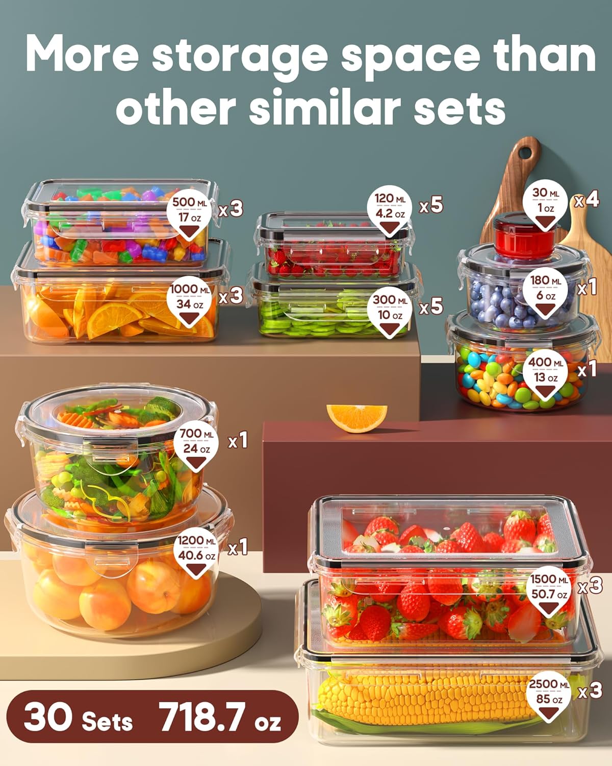 60 PCS Food Storage Containers with Lids Airtight, Total 718Oz Leakproof Containers Set for Kitchen Storage, Meal Prep, Reusable Plastic, Microwave/Dishwasher Safe, Extra Labels & Pen