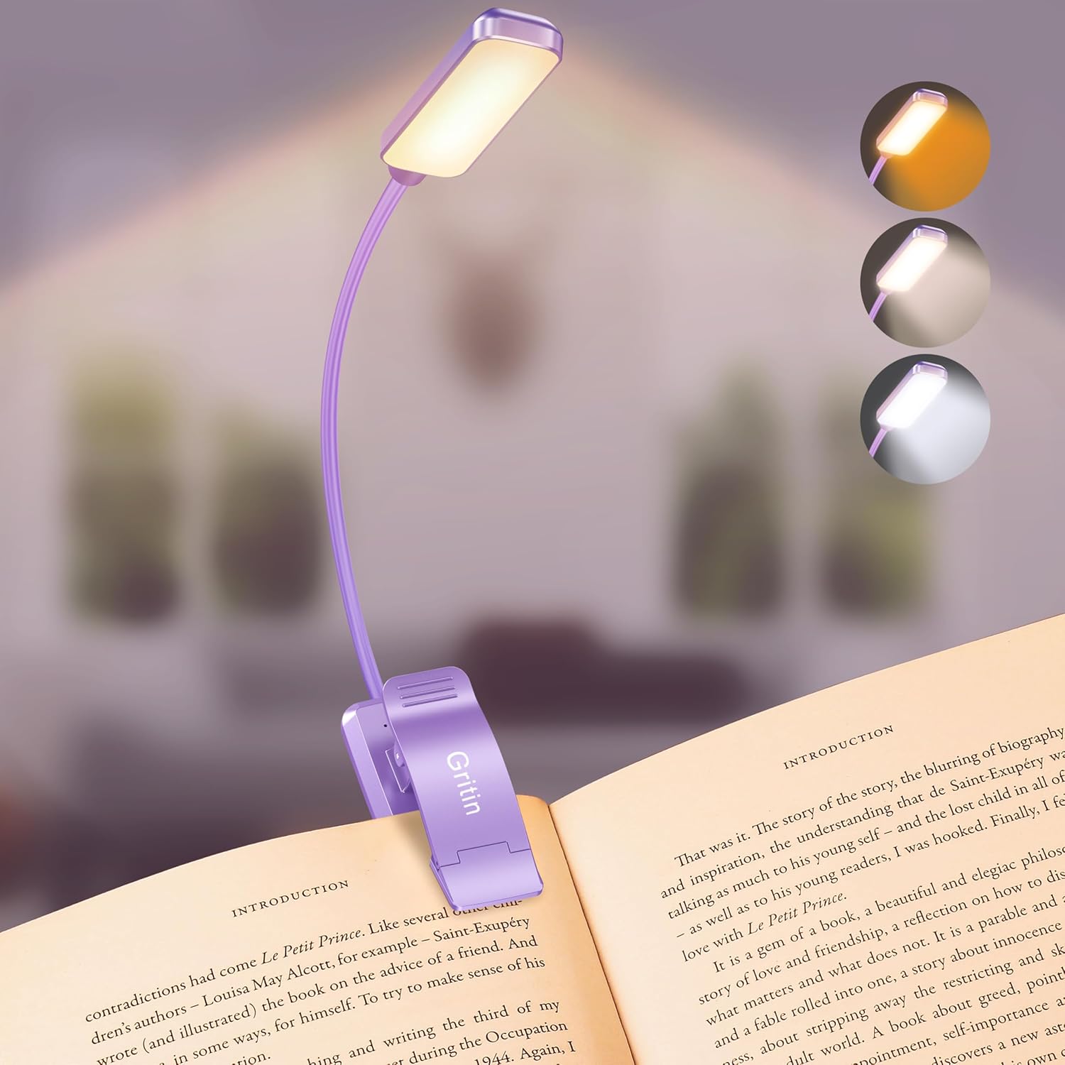 9 LED Rechargeable Book Light for Reading in Bed - Eye Caring 3 Color Temperatures,Stepless Dimming Brightness,80 Hrs Runtime Small Lightweight Clip on Book Reading Light for Studying