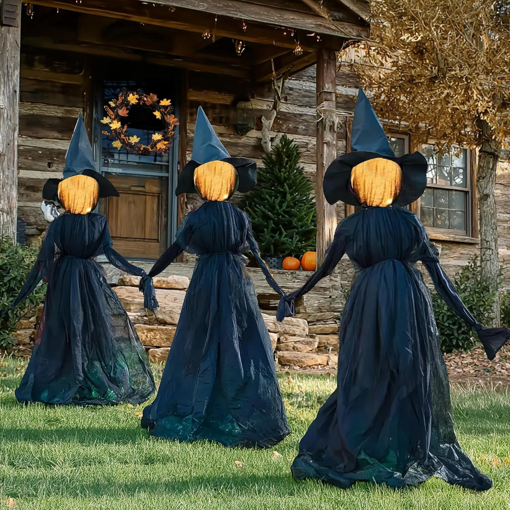 Halloween Witch Decorations Outdoor, 5 FT Set of 3 Holding Hands Witches Stakes with Glowing Face, Lighted Halloween Decor for Party Yard Lawn Porch Garden Haunted House Props