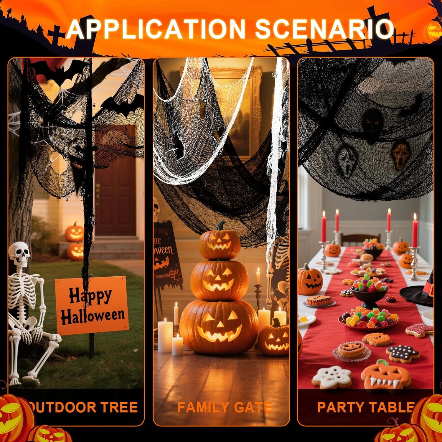 6Pcs Halloween Gauze Cloth, Creepy Cloth, 30×72 Inch Creepy Fabric Halloween for Haunted House Supplies, Party Outdoor, Indoor (4 Black+2 White)