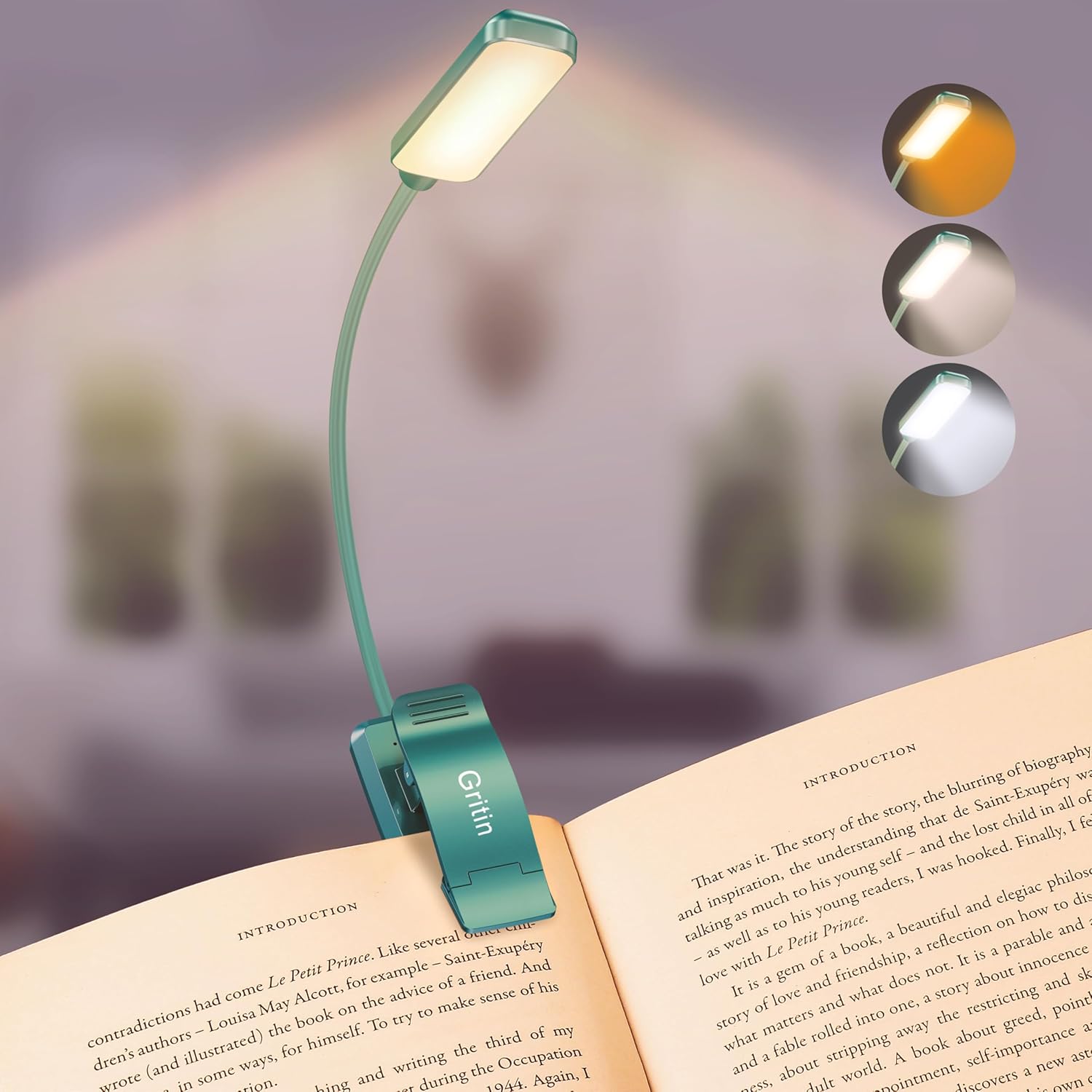 9 LED Rechargeable Book Light for Reading in Bed - Eye Caring 3 Color Temperatures,Stepless Dimming Brightness,80 Hrs Runtime Small Lightweight Clip on Book Reading Light for Studying