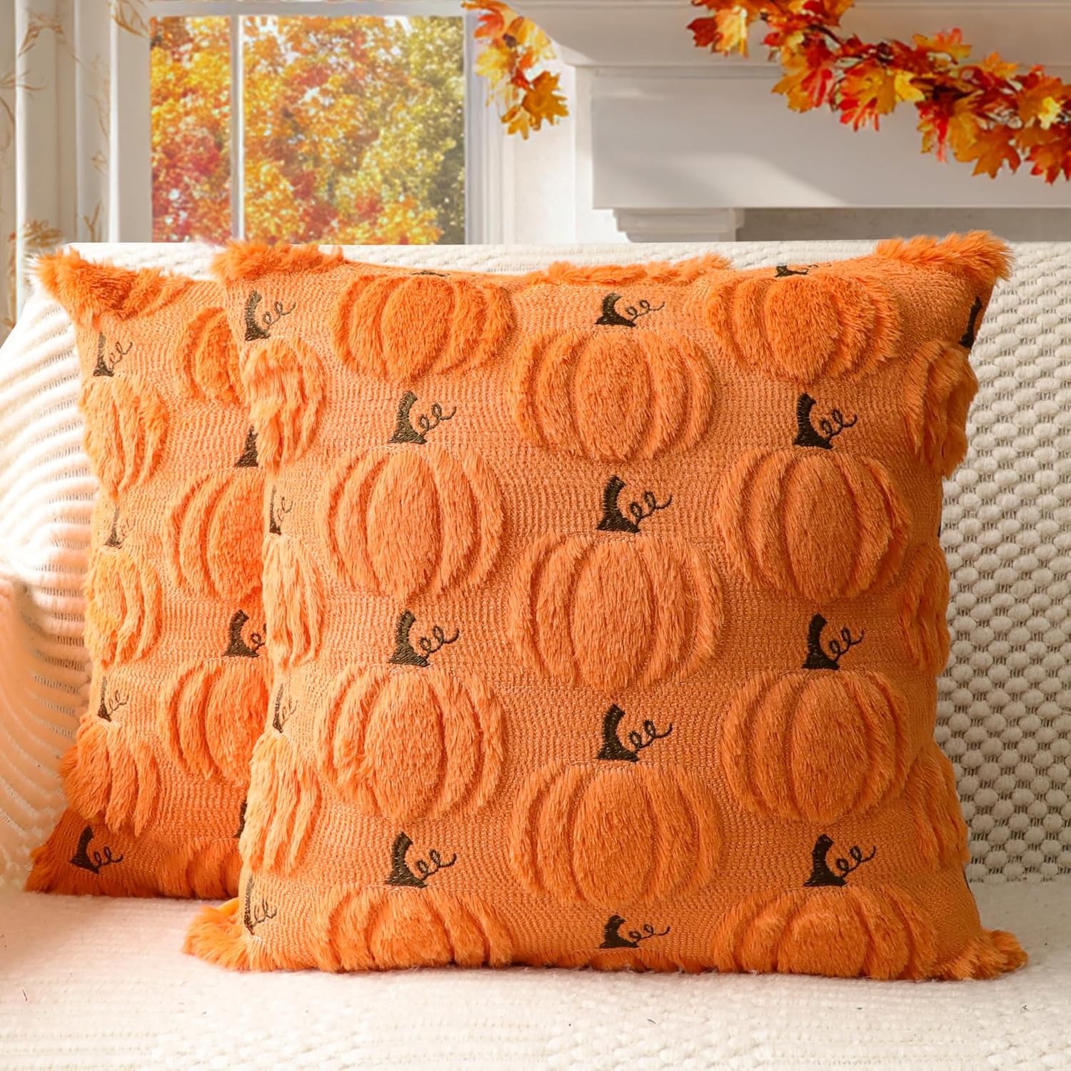Fall Pumpkins Decorative Pillow Covers 18X18 Set of 2, Beige Soft Plush Faux Fur Wool Farmhouse Throw Cushion Cases for Autumn Thanksgiving Holiday Home Decorations
