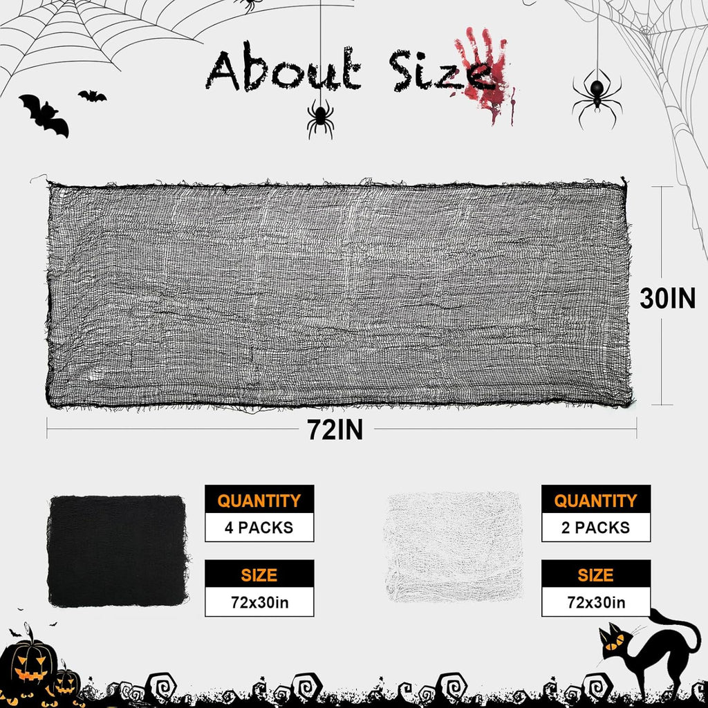 6Pcs Halloween Gauze Cloth, Creepy Cloth, 30×72 Inch Creepy Fabric Halloween for Haunted House Supplies, Party Outdoor, Indoor (4 Black+2 White)