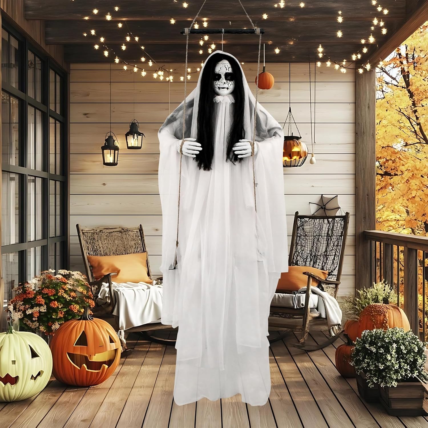 Scary Halloween Decorations Outdoor, Hanging Swinging Girl with Sound & Slap Activated, Light up Eyes, Creepy Expression, 6.2FT Halloween Decor for Indoor Outdoor Haunted House