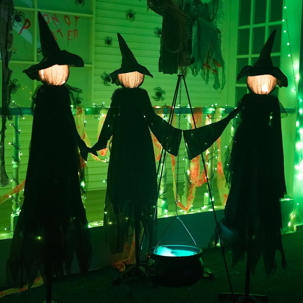 Halloween Witch Decorations Outdoor, 5 FT Set of 3 Holding Hands Witches Stakes with Glowing Face, Lighted Halloween Decor for Party Yard Lawn Porch Garden Haunted House Props