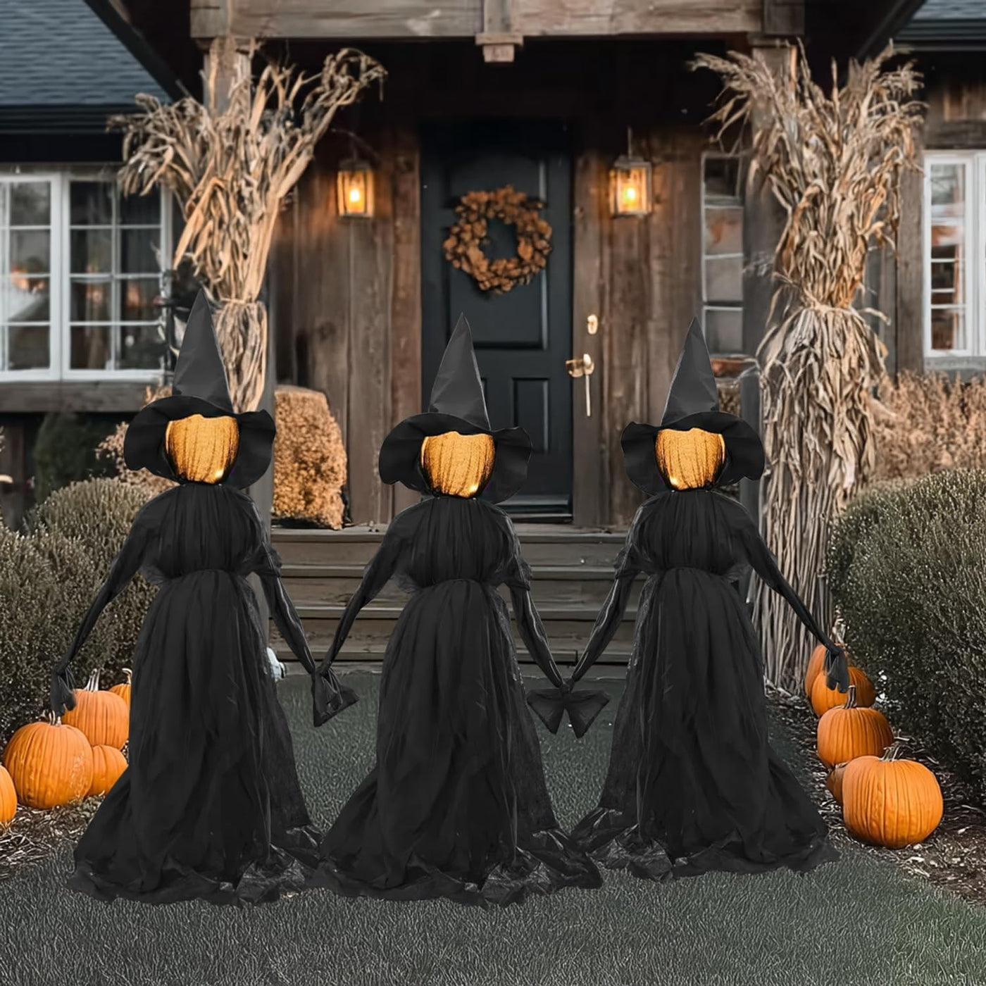 Halloween Witch Decorations Outdoor, 5 FT Set of 3 Holding Hands Witches Stakes with Glowing Face, Lighted Halloween Decor for Party Yard Lawn Porch Garden Haunted House Props