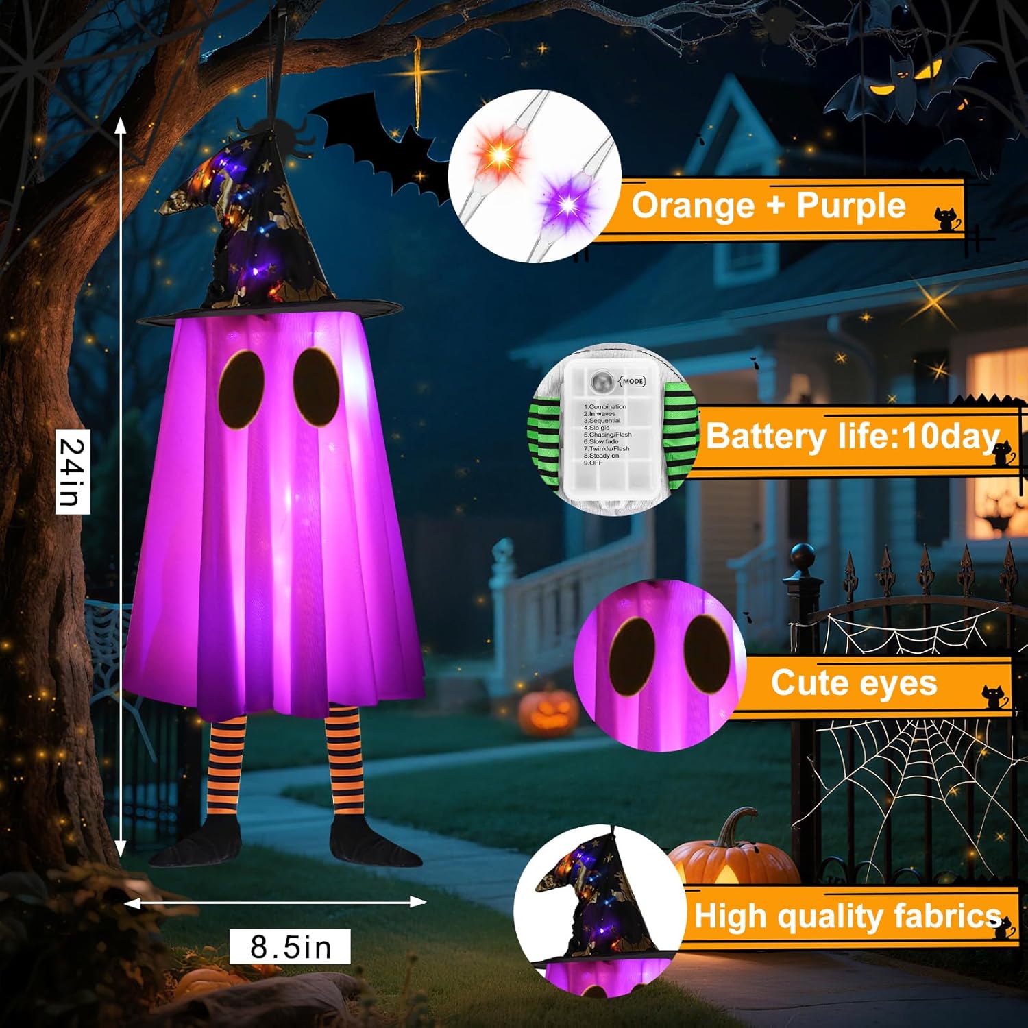 3P Lights up Hanging Ghosts Halloween Decorations Outdoor(Purple & Orange), Timer, IP65 Waterproof, Battery Operated Halloween Lights with Witch Hats, Holiday Decorations for Tree Patio Garden