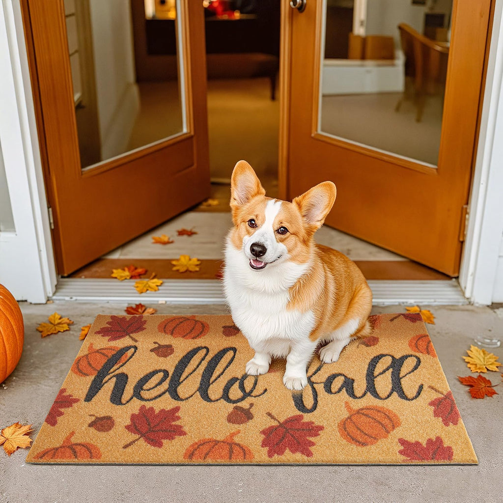 Hello Fall Pumpkin Door Mat Autumn Welcome Mat for Front Door Outdoor Entrance Doormat Coir Dirt Trapper with Non Slip Backing,17X30, Maple Leaves