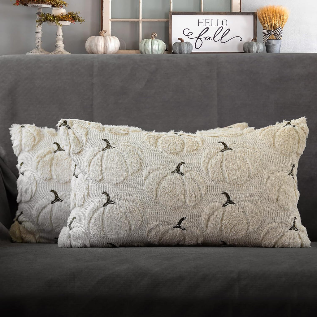 Fall Pumpkins Decorative Pillow Covers 18X18 Set of 2, Beige Soft Plush Faux Fur Wool Farmhouse Throw Cushion Cases for Autumn Thanksgiving Holiday Home Decorations
