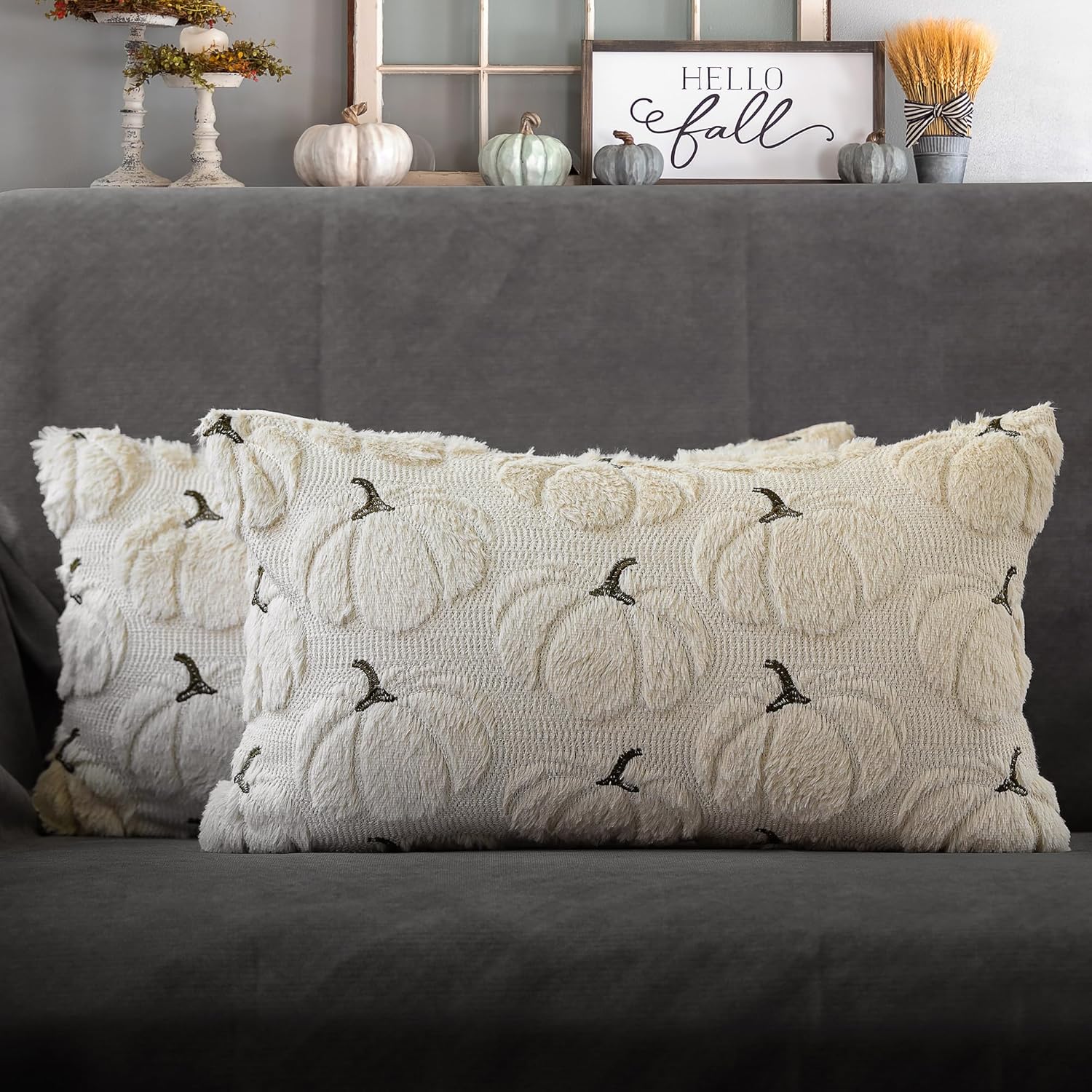 Fall Pumpkins Decorative Pillow Covers 18X18 Set of 2, Beige Soft Plush Faux Fur Wool Farmhouse Throw Cushion Cases for Autumn Thanksgiving Holiday Home Decorations