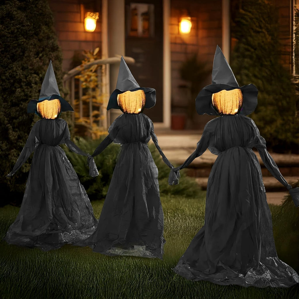 Halloween Witch Decorations Outdoor, 5 FT Set of 3 Holding Hands Witches Stakes with Glowing Face, Lighted Halloween Decor for Party Yard Lawn Porch Garden Haunted House Props