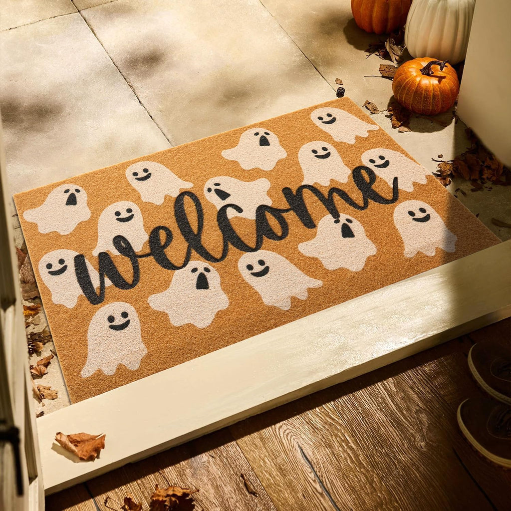 Hello Fall Pumpkin Door Mat Autumn Welcome Mat for Front Door Outdoor Entrance Doormat Coir Dirt Trapper with Non Slip Backing,17X30, Maple Leaves