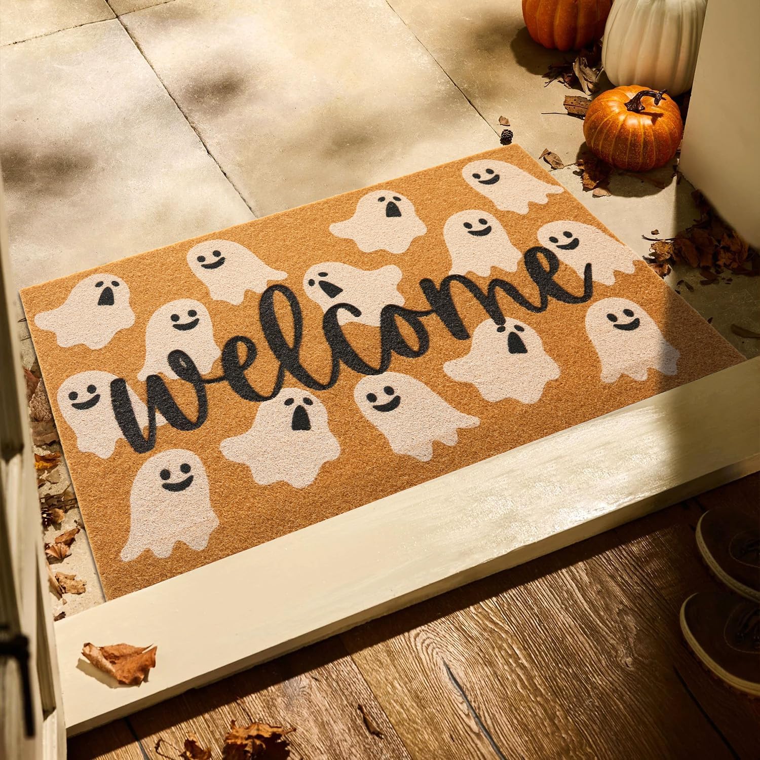 Hello Fall Pumpkin Door Mat Autumn Welcome Mat for Front Door Outdoor Entrance Doormat Coir Dirt Trapper with Non Slip Backing,17X30, Maple Leaves
