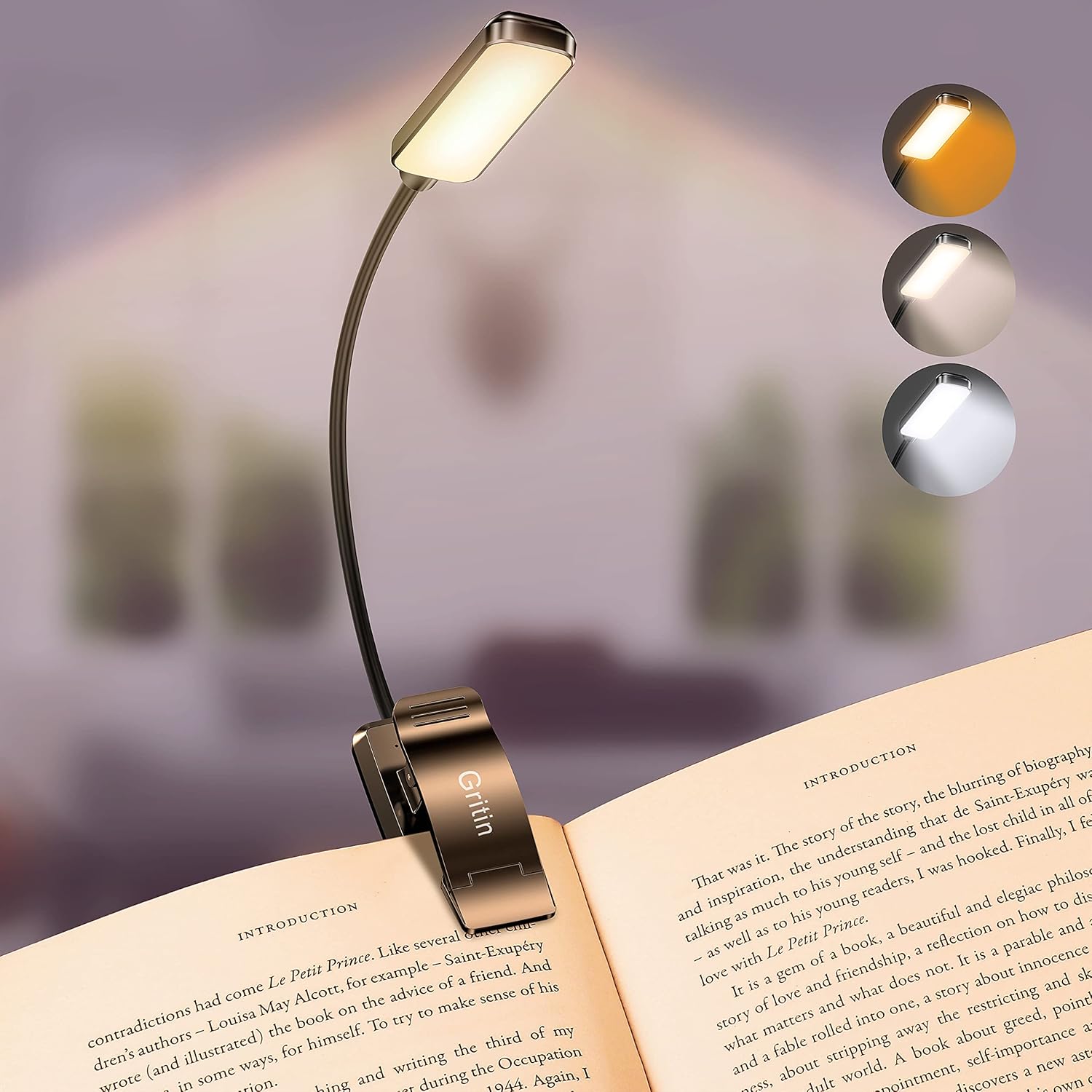 9 LED Rechargeable Book Light for Reading in Bed - Eye Caring 3 Color Temperatures,Stepless Dimming Brightness,80 Hrs Runtime Small Lightweight Clip on Book Reading Light for Studying