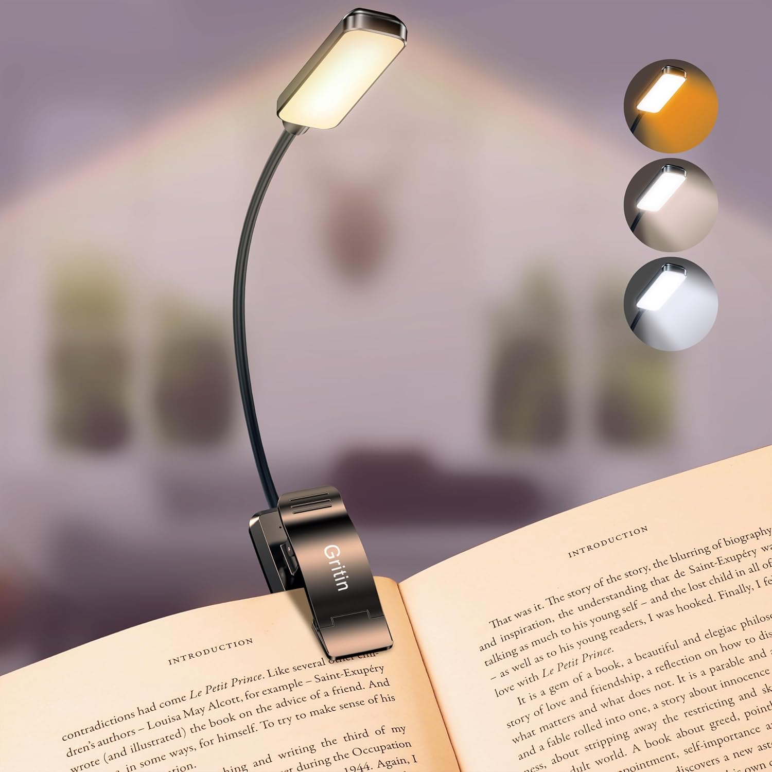 9 LED Rechargeable Book Light for Reading in Bed - Eye Caring 3 Color Temperatures,Stepless Dimming Brightness,80 Hrs Runtime Small Lightweight Clip on Book Reading Light for Studying