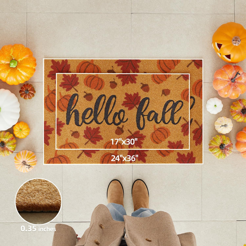Hello Fall Pumpkin Door Mat Autumn Welcome Mat for Front Door Outdoor Entrance Doormat Coir Dirt Trapper with Non Slip Backing,17X30, Maple Leaves