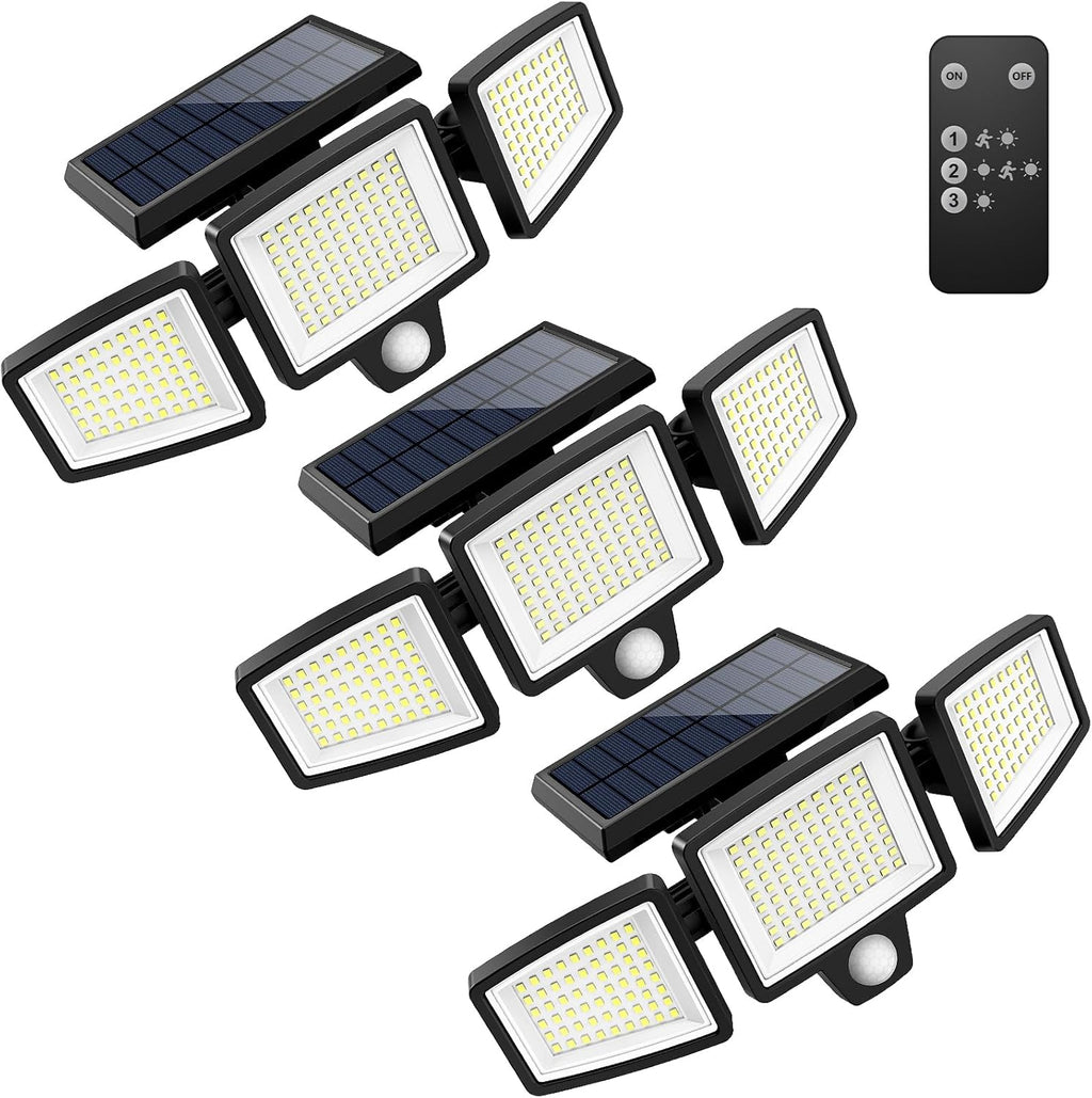 Solar Outdoor Lights 2500LM 210 LED Security Lights with Remote Control,3 Heads Motion Sensor Lights, IP65 Waterproof,270° Wide Angle Flood Wall Lights with 3 Modes(2 Packs)