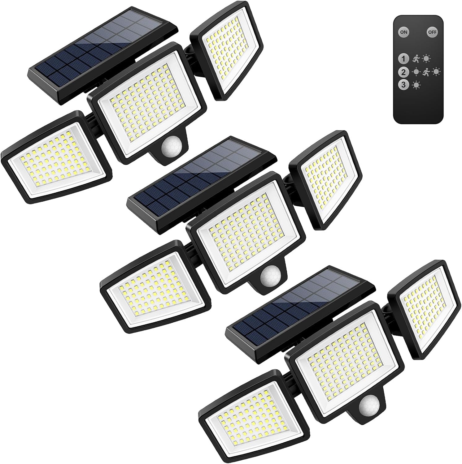 Solar Outdoor Lights 2500LM 210 LED Security Lights with Remote Control,3 Heads Motion Sensor Lights, IP65 Waterproof,270° Wide Angle Flood Wall Lights with 3 Modes(2 Packs)