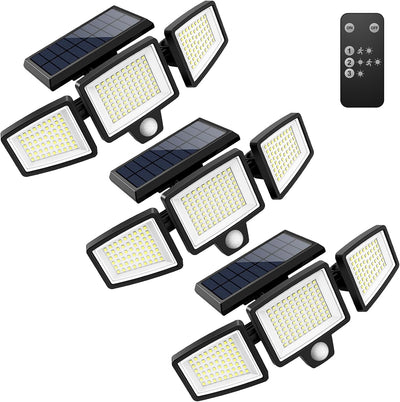 Solar Outdoor Lights 2500LM 210 LED Security Lights with Remote Control,3 Heads Motion Sensor Lights, IP65 Waterproof,270° Wide Angle Flood Wall Lights with 3 Modes(2 Packs)