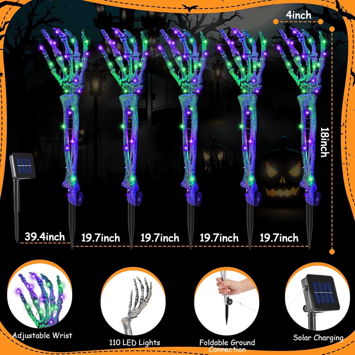 Halloween Decorations 5 Pack Solar Powered Skeleton Arm Stakeslights 110Pcs Bright LED Light Beads 8 Modes Waterproof Solar Charging Suitable for Outdoor Yard Lawn Home Party Decor
