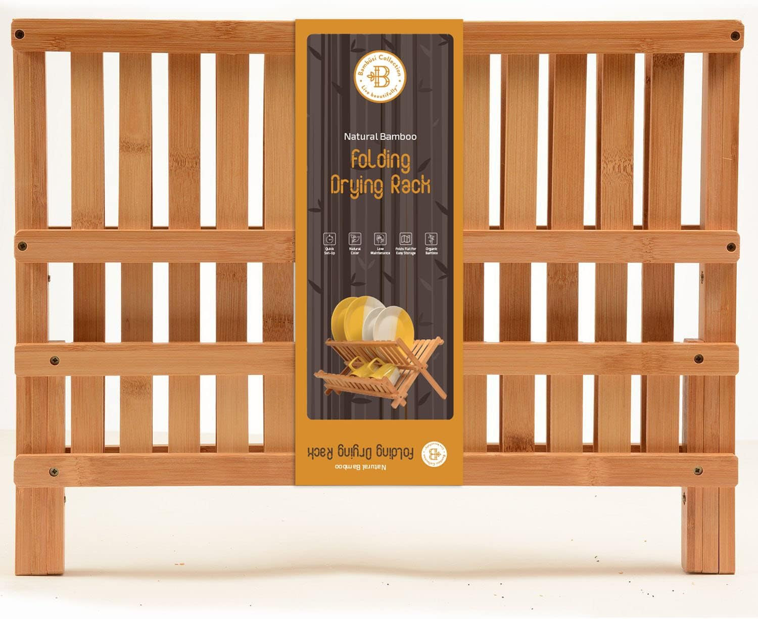 BAMBUSI Dish Drying Rack - Collapsible 2-Tier Bamboo Dish Rack for Kitchen Counter, Wooden Dish Drainer with Foldable Space-Saving Design - Drying Rack for Dishes, Plates, and Cups - Housewarming Gift