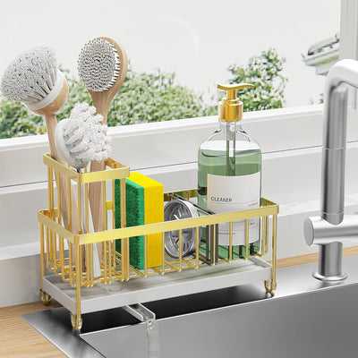 Black Sponge Holder for Kitchen Sink, Sink Caddy Organizer with High Brush Holder, Kitchen Countertop Organizers and Storage Essentials, Rustproof 304 Stainless Steel, Soap Dispenser Organize