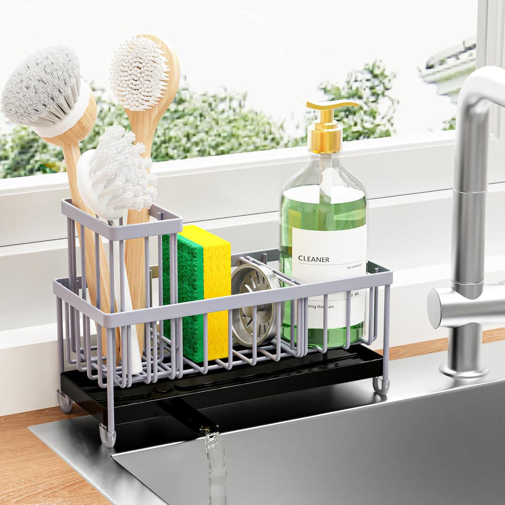 Black Sponge Holder for Kitchen Sink, Sink Caddy Organizer with High Brush Holder, Kitchen Countertop Organizers and Storage Essentials, Rustproof 304 Stainless Steel, Soap Dispenser Organize
