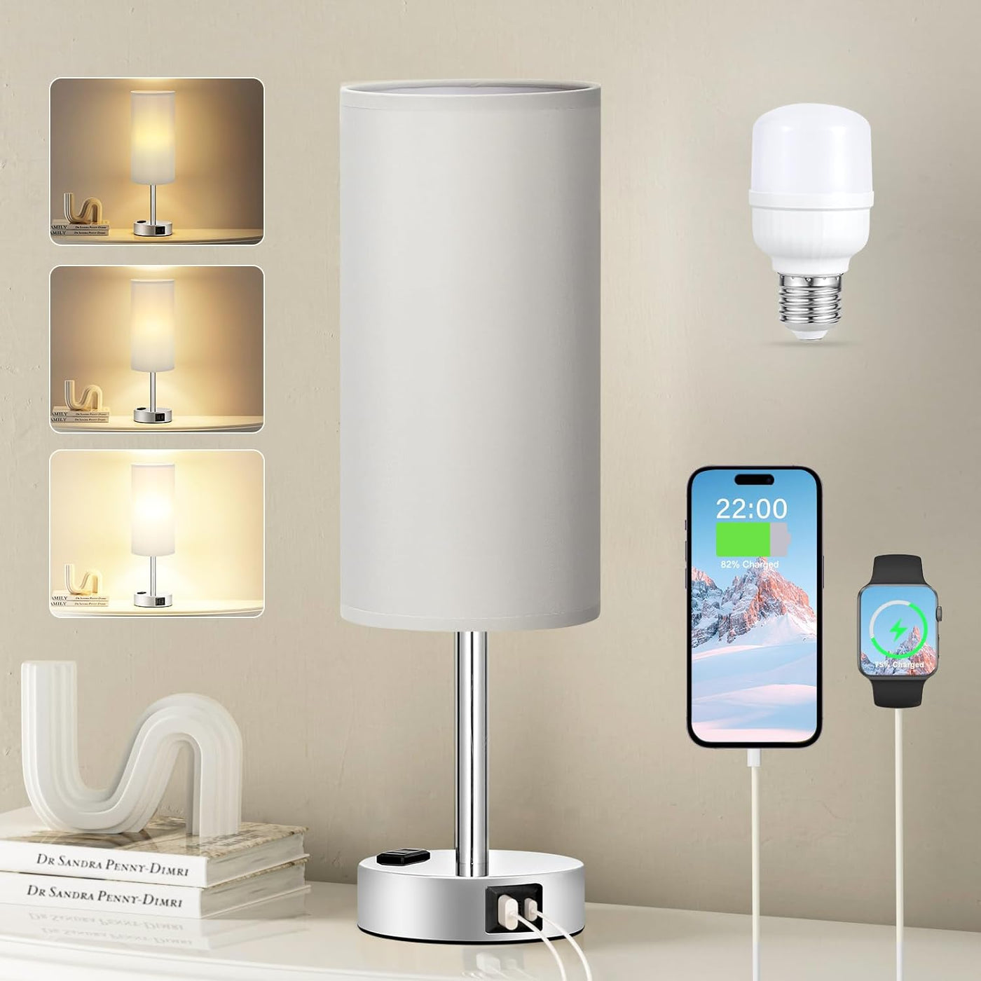 Bedside Table Lamp for Bedroom - 3 Way Dimmable Touch Lamp USB C Charging Ports and AC Outlet, Small Lamp Wood Base round Flaxen Fabric Shade for Living Room, Desk, LED Bulb Included