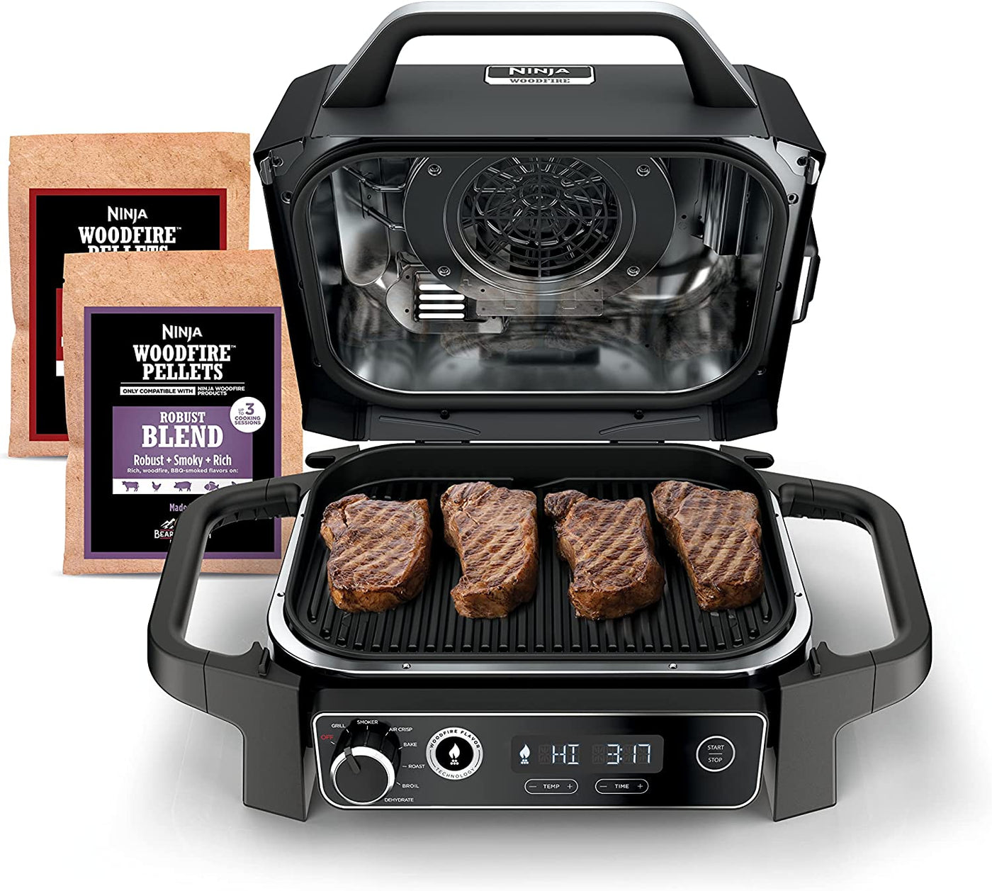 | Woodfire Series | 7-In-1 (Grill, BBQ, Roast, Air Fry, Dehydrate, Broil, Smoke) | Portable & Weather Resistant | Cook up to 6 Steaks & 30 Hot Dogs | Woodfire Pellets Included | OG701