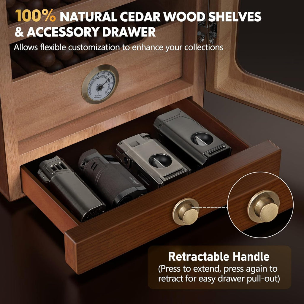 Cigar Humidor, Desktop Cigar Humidor Cabinet Light Control System with Spanish Cedar Wood Shelves, Hygrometer, 3 Humidifiers and Cigar Accessories Drawer, Father'S Day Gift for Men (Brown)