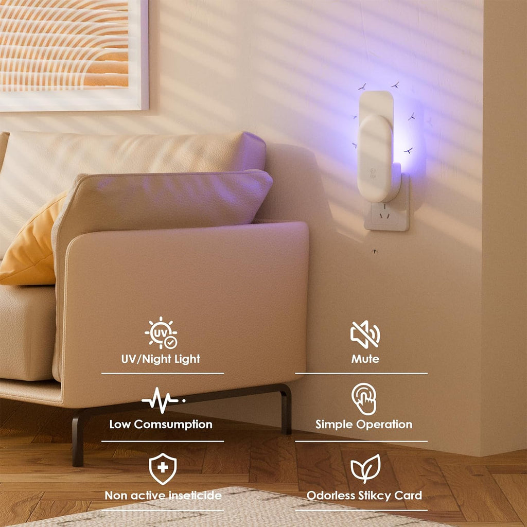 Flying Insect Trap, 2 in 1 Indoor Plug-In Fruit Fly Trap, 1 Trap White and 6 Glue Cards, Fruit Fly Traps for Gnat, Moth, Mosquito, Suitable for Every Part of the Home